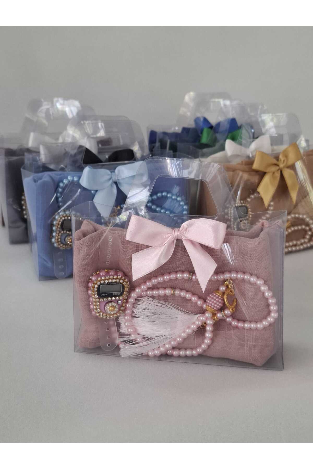 Başörtü Taşlı Zikirmatik inci Cam Tesbih Çeyizlik Gelin Flamlı Baş Örtü Set — görsel 2