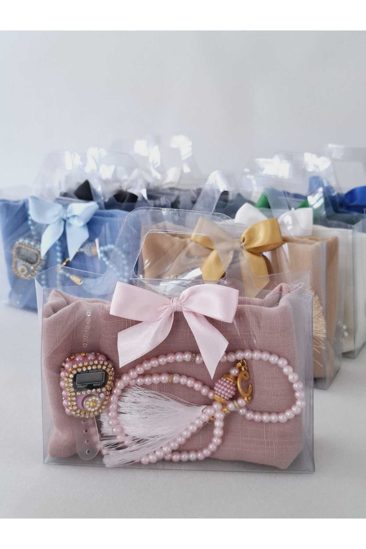 Başörtü Taşlı Zikirmatik inci Cam Tesbih Çeyizlik Gelin Flamlı Baş Örtü Set — görsel 4