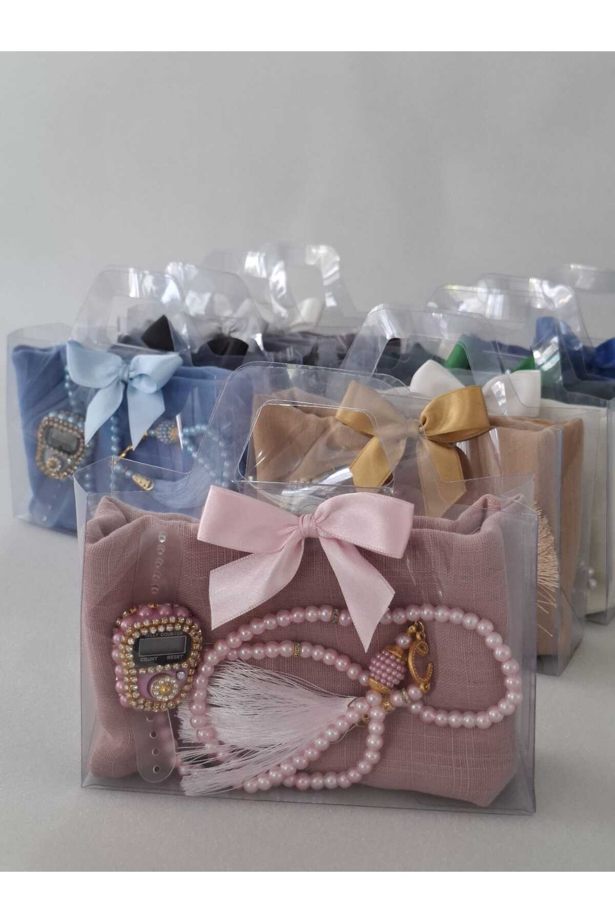 Başörtü Taşlı Zikirmatik inci Cam Tesbih Çeyizlik Gelin Flamlı Baş Örtü Set — görsel 3