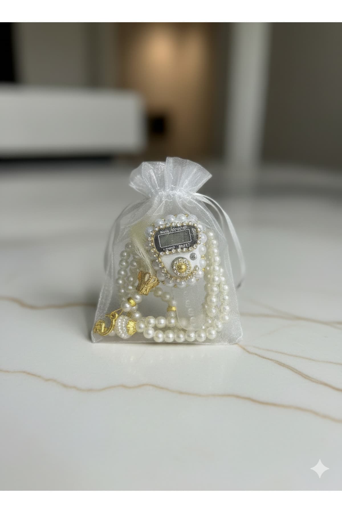 Taşlı Zikirmatik ve 99'lu İnci Tesbih Seti - Özel Tül Keseli — görsel 1