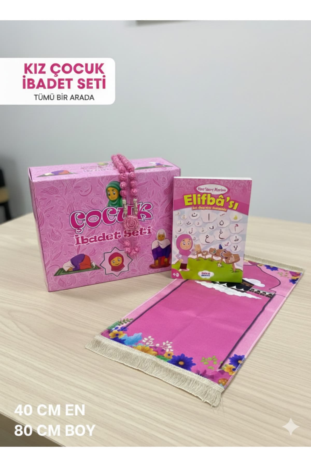 Kız Çocuk İbadet Seti Seccade Tesbih Elifba Namaz Seti — görsel 1