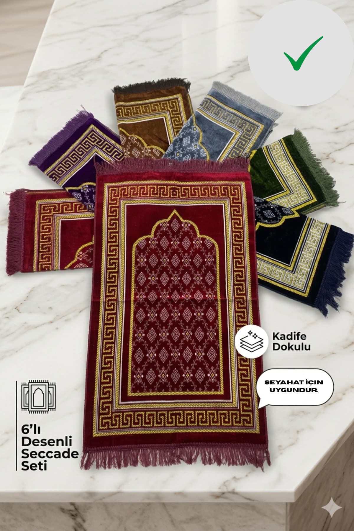 Lüks Kadife Dokulu 6’lı Seccade Seti - Desenli Namazlık Takımı - Çok Renkli — görsel 1