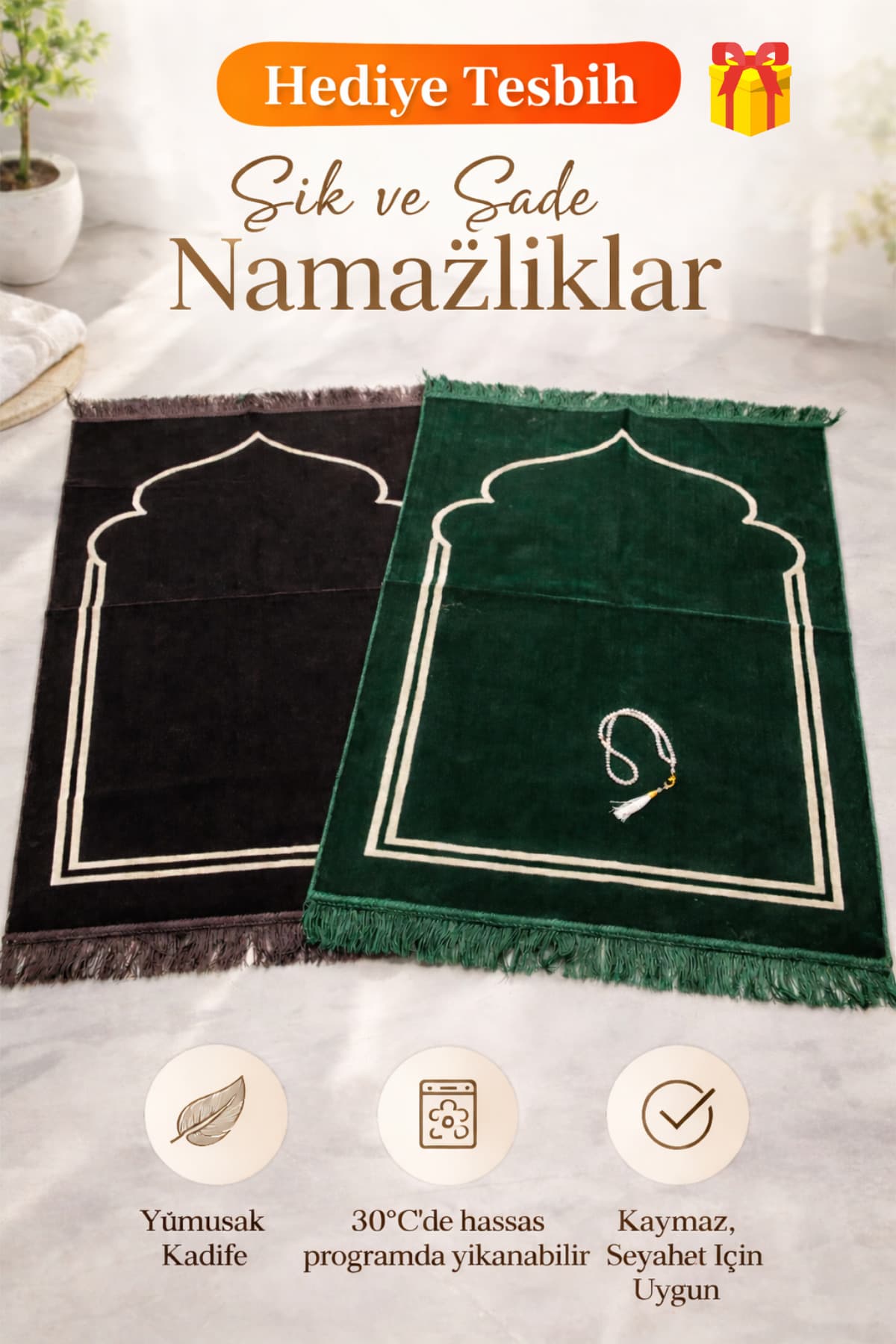 Sade Az Desenli Kadife Seccade Namazlık Sık Dokuma Dodya İplik Göz Yormayan Desen — görsel 1