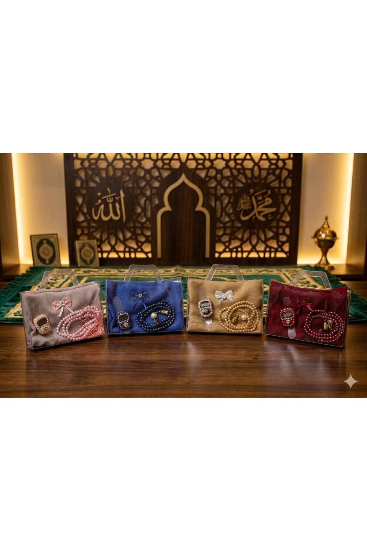 4'lü Başörtü Seti Taşlı Zikirmatik İnci Tesbih Çeyizlik Seti