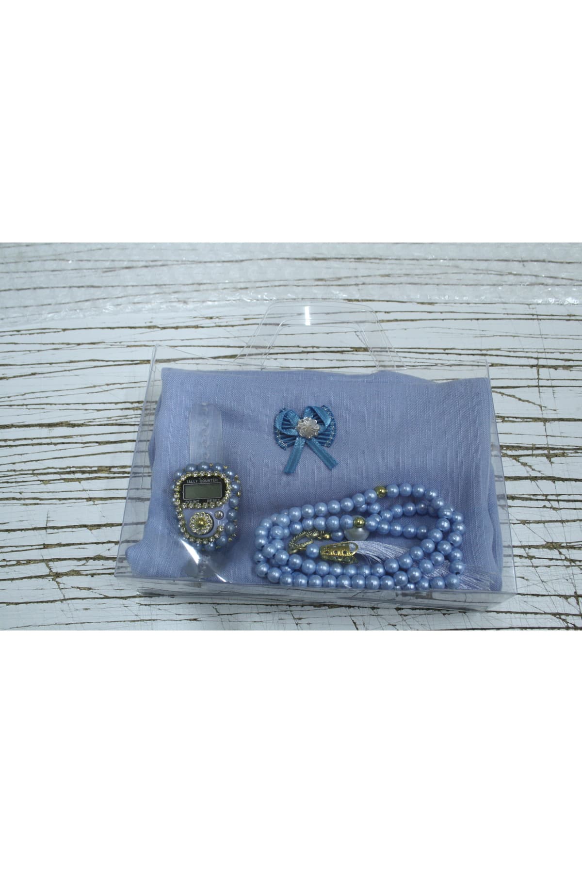 5'li Başörtü Seti Taşlı Zikirmatik İnci Tesbih Çeyizlik Seti — görsel 3