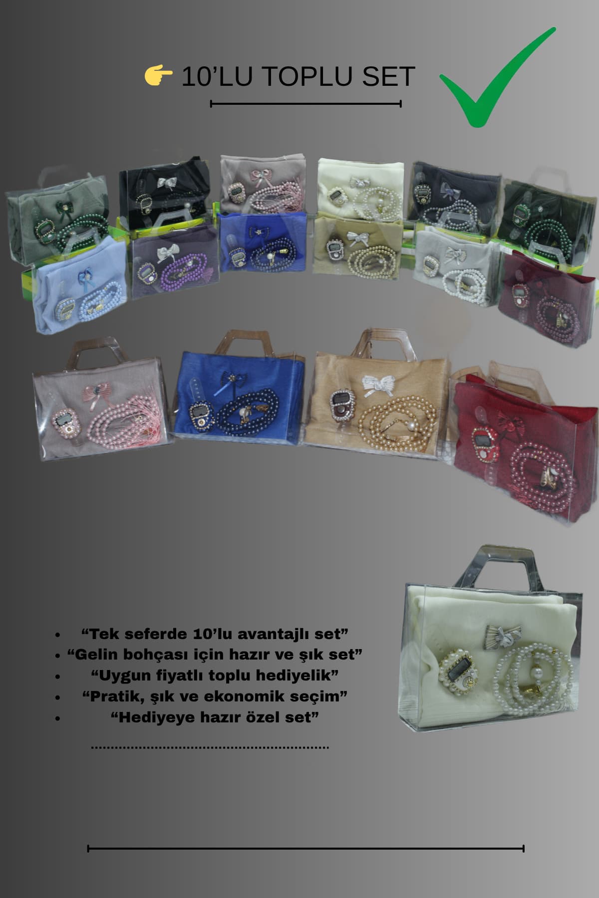 30’lu Başörtü Seti Taşlı Zikirmatik İnci Tesbih Çeyizlik Seti