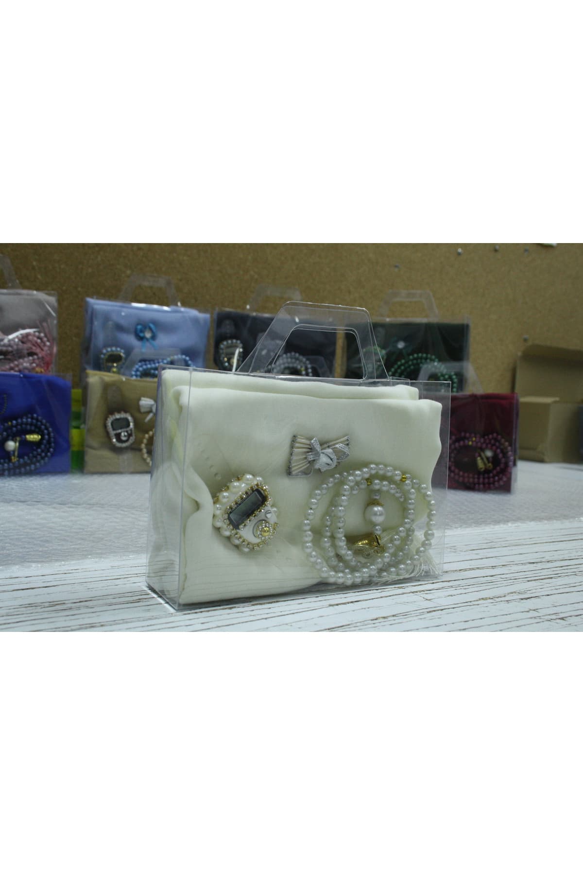 5'li Başörtü Seti Taşlı Zikirmatik İnci Tesbih Çeyizlik Seti — görsel 2